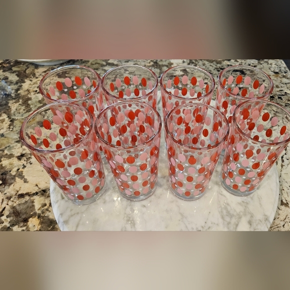 VINTAGE mid-century Indonesian FG polka dot glasses red and pink set of 8 - Picture 4 of 4